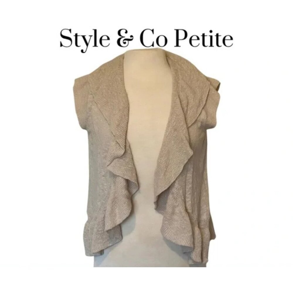 Style & Co Women's Beige Sleeveless Waterfall Ruffle Cardigan Sweater Size Large